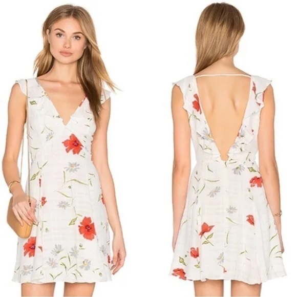 REVOLVE Dresses & Skirts - Revolve Privacy Please Polk Plaid Floral Mini Dress White Open Back Ruffle